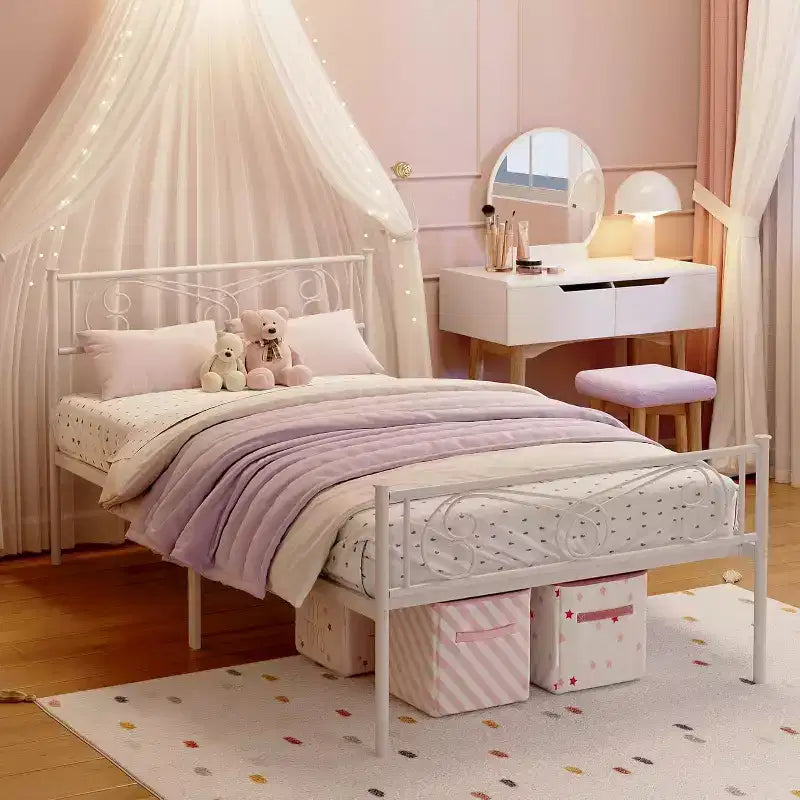 King Size Metal Bed Frame with Headboard and Steel Slat Support with 13.7 Storage No Box Spring Needed Easy Assembly