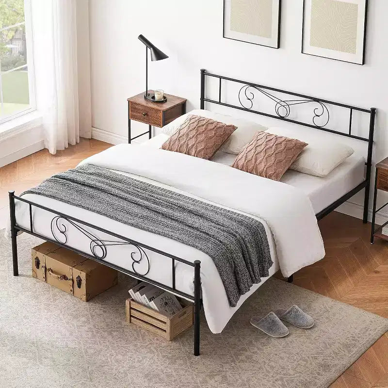 King Size Metal Bed Frame with Headboard and Steel Slat Support with 13.7 Storage No Box Spring Needed Easy Assembly