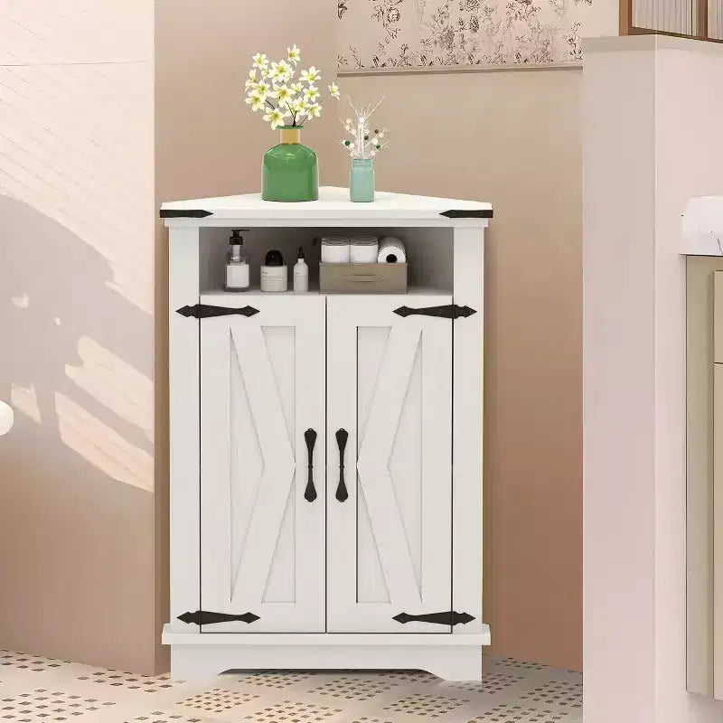 Farmhouse Bathroom Table with Storage Small Corner Cabinet with Barn Doors & Adjustable Shelf for Small Spaces, Kitchen, Living Room