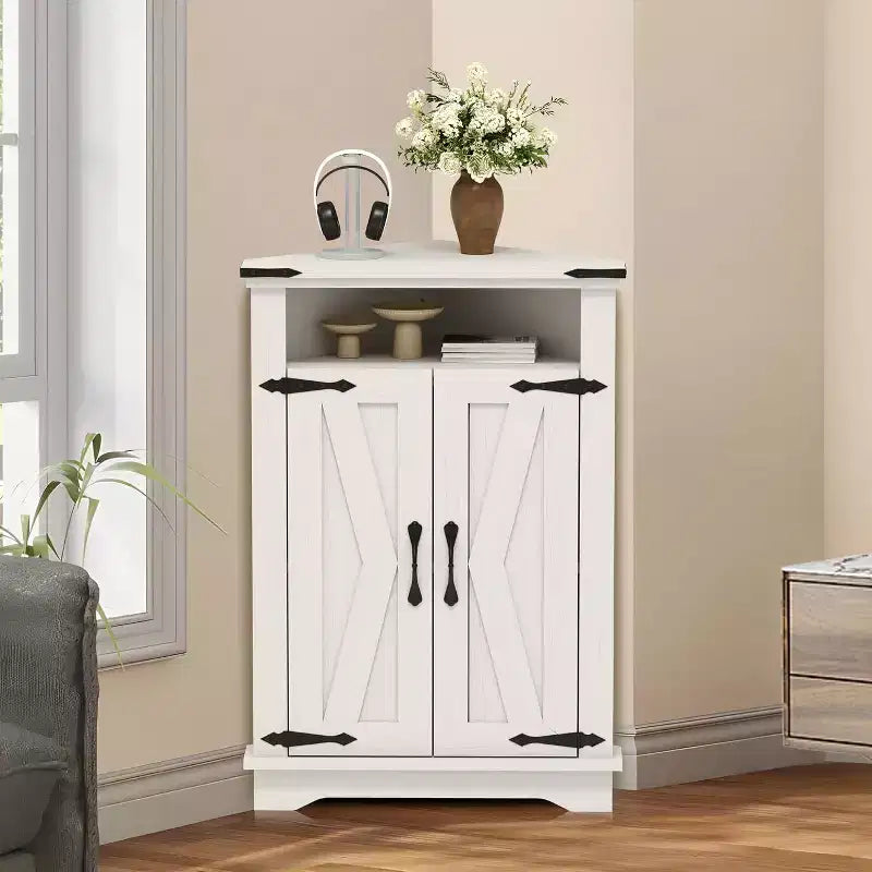 Farmhouse Bathroom Table with Storage Small Corner Cabinet with Barn Doors & Adjustable Shelf for Small Spaces, Kitchen, Living Room