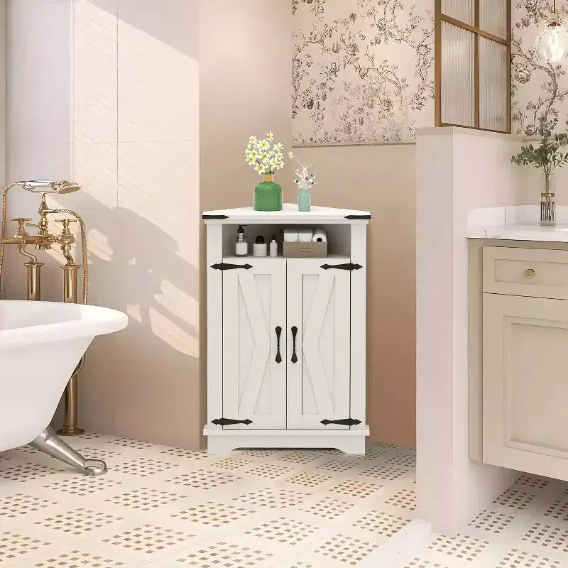 Farmhouse Bathroom Table with Storage Small Corner Cabinet with Barn Doors & Adjustable Shelf for Small Spaces, Kitchen, Living Room