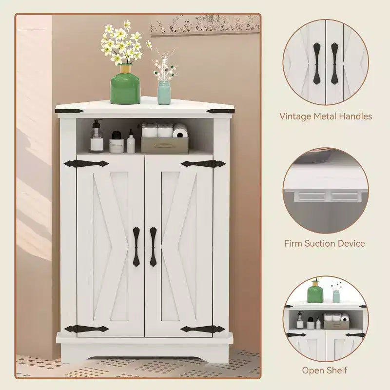 Farmhouse Bathroom Table with Storage Small Corner Cabinet with Barn Doors & Adjustable Shelf for Small Spaces, Kitchen, Living Room