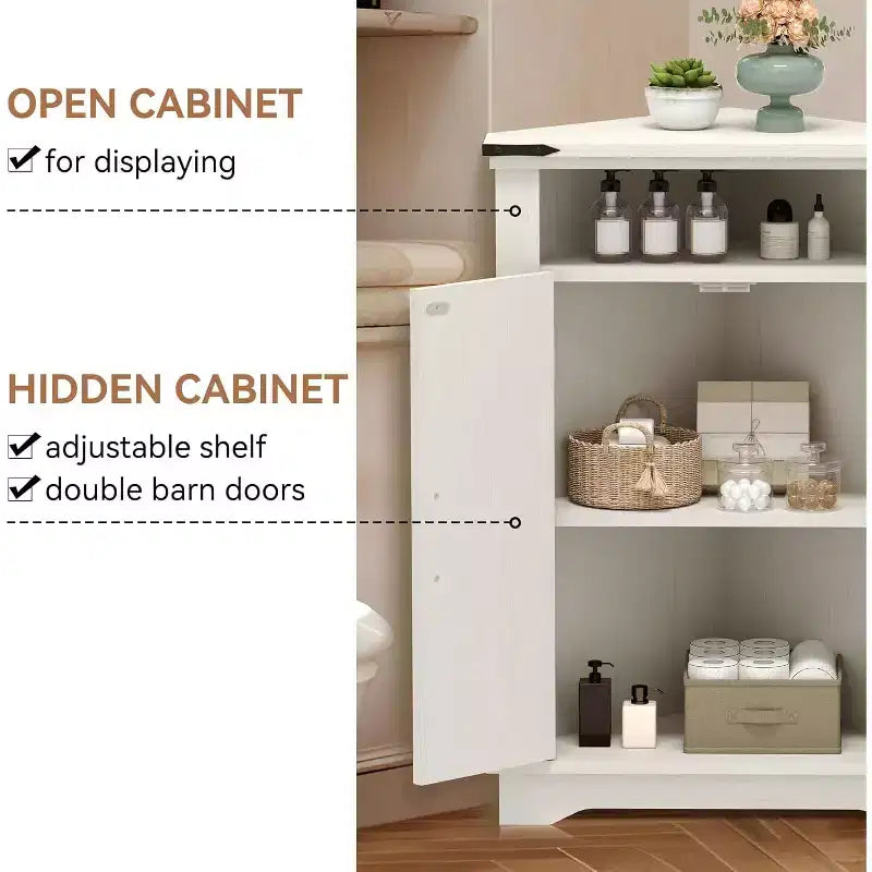 Farmhouse Bathroom Table with Storage Small Corner Cabinet with Barn Doors & Adjustable Shelf for Small Spaces, Kitchen, Living Room