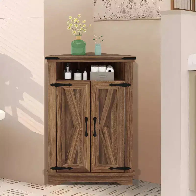 Farmhouse Bathroom Table with Storage Small Corner Cabinet with Barn Doors & Adjustable Shelf for Small Spaces, Kitchen, Living Room