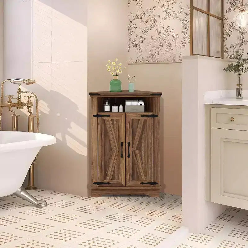 Farmhouse Bathroom Table with Storage Small Corner Cabinet with Barn Doors & Adjustable Shelf for Small Spaces, Kitchen, Living Room