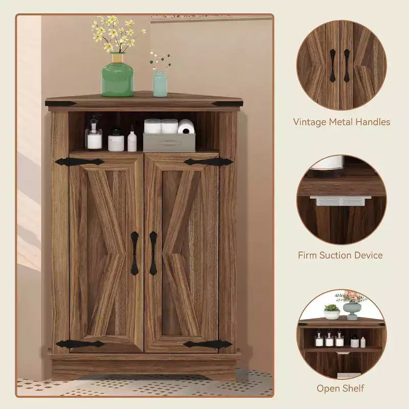 Farmhouse Bathroom Table with Storage Small Corner Cabinet with Barn Doors & Adjustable Shelf for Small Spaces, Kitchen, Living Room