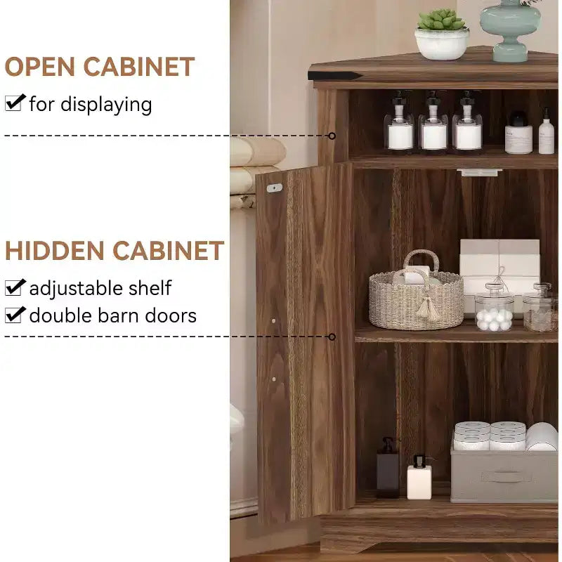 Farmhouse Bathroom Table with Storage Small Corner Cabinet with Barn Doors & Adjustable Shelf for Small Spaces, Kitchen, Living Room