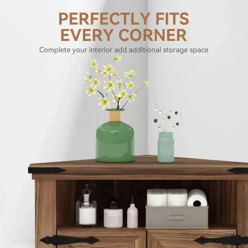 Farmhouse Bathroom Table with Storage Small Corner Cabinet with Barn Doors & Adjustable Shelf for Small Spaces, Kitchen, Living Room