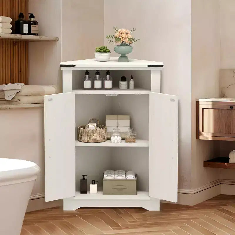 Farmhouse Bathroom Table with Storage Small Corner Cabinet with Barn Doors & Adjustable Shelf for Small Spaces, Kitchen, Living Room