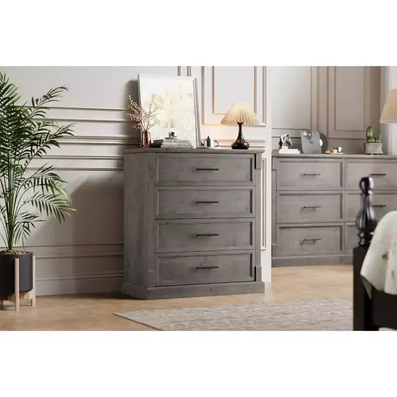 Farmhouse 4 Drawer Dresser for Bedroom, Tall Chest of Drawers with Metal Handles, Rustic Wooden Dresser TV Stand, for Living Room, Hallway
