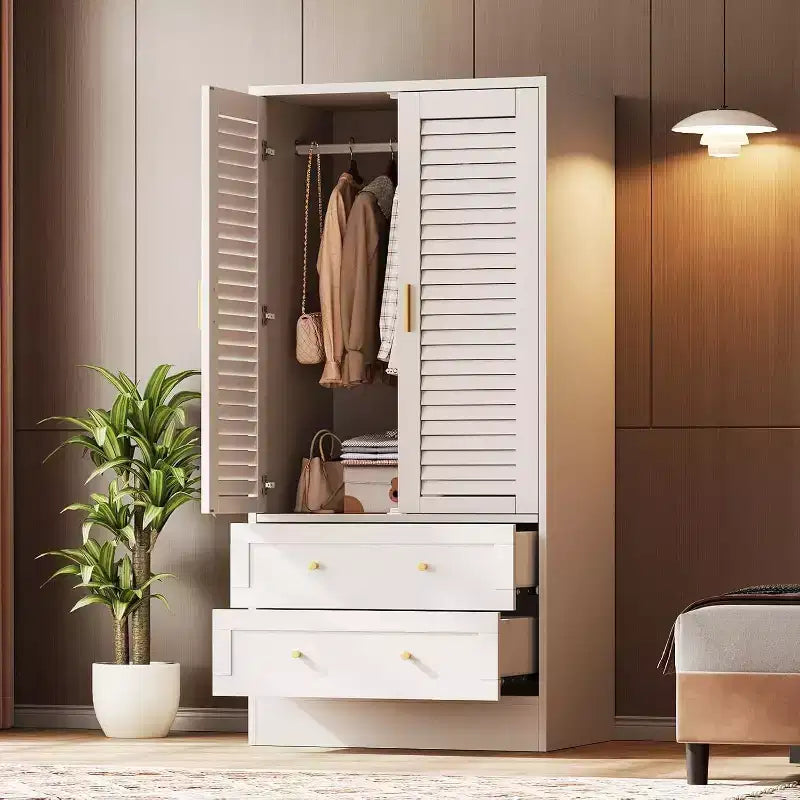 65 Wooden Armoire Wardrobe Closet with Hanging Rod, Modern Clothing Storage Cabinets with 2 Doors and 2 Drawers, for Bedroom, Cloak Room