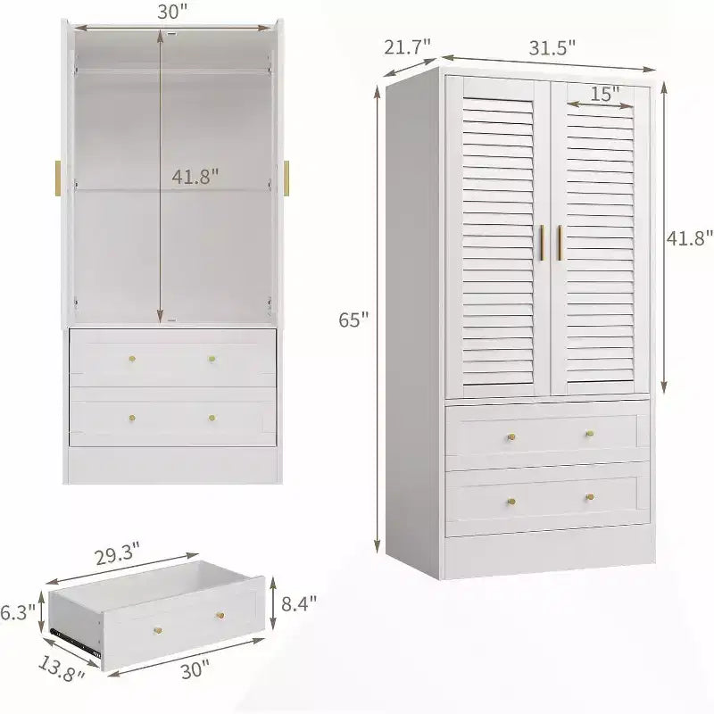 65 Wooden Armoire Wardrobe Closet with Hanging Rod, Modern Clothing Storage Cabinets with 2 Doors and 2 Drawers, for Bedroom, Cloak Room