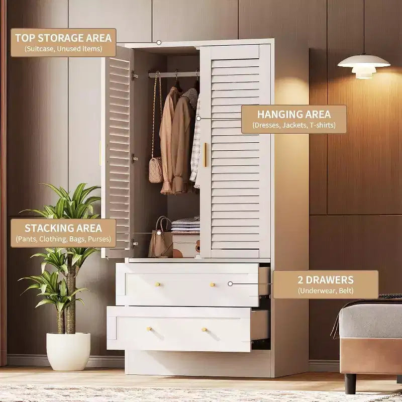 65 Wooden Armoire Wardrobe Closet with Hanging Rod, Modern Clothing Storage Cabinets with 2 Doors and 2 Drawers, for Bedroom, Cloak Room