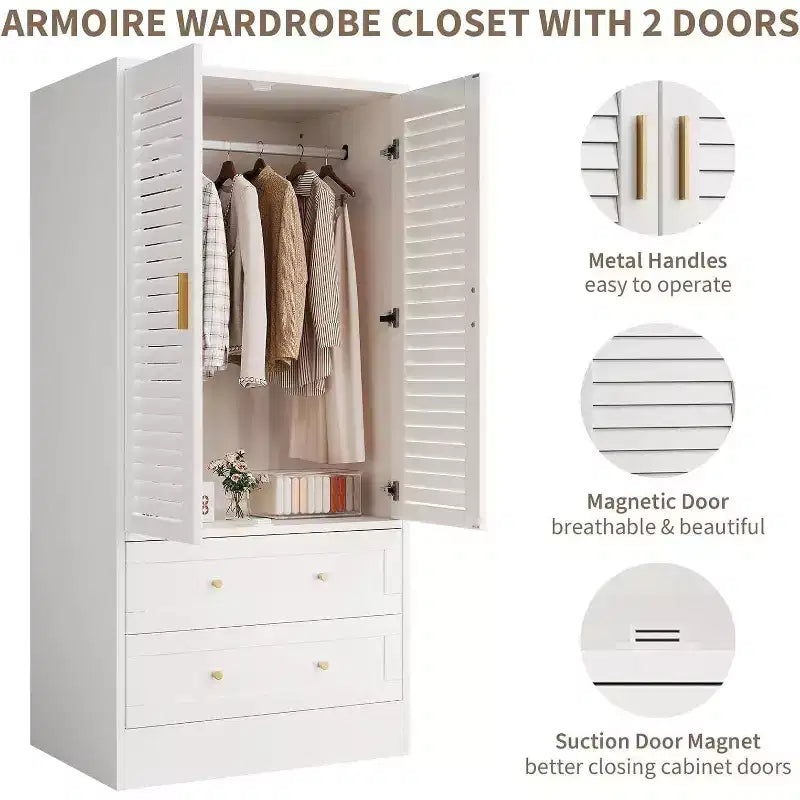 65 Wooden Armoire Wardrobe Closet with Hanging Rod, Modern Clothing Storage Cabinets with 2 Doors and 2 Drawers, for Bedroom, Cloak Room