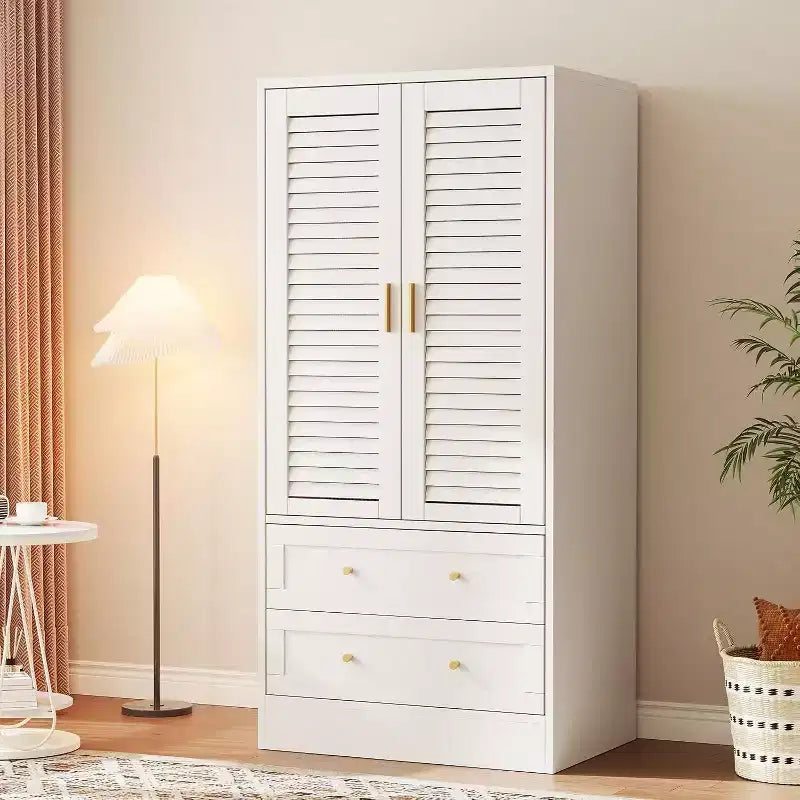 65 Wooden Armoire Wardrobe Closet with Hanging Rod, Modern Clothing Storage Cabinets with 2 Doors and 2 Drawers, for Bedroom, Cloak Room