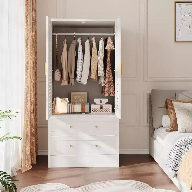 65 Wooden Armoire Wardrobe Closet with Hanging Rod, Modern Clothing Storage Cabinets with 2 Doors and 2 Drawers, for Bedroom, Cloak Room
