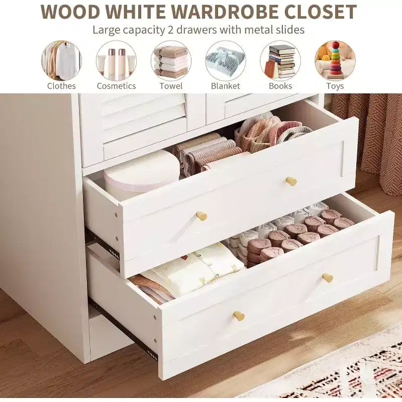 65 Wooden Armoire Wardrobe Closet with Hanging Rod, Modern Clothing Storage Cabinets with 2 Doors and 2 Drawers, for Bedroom, Cloak Room