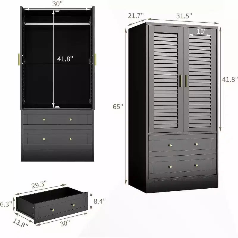65 Wooden Armoire Wardrobe Closet with Hanging Rod, Modern Clothing Storage Cabinets with 2 Doors and 2 Drawers, for Bedroom, Cloak Room