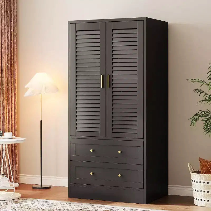 65 Wooden Armoire Wardrobe Closet with Hanging Rod, Modern Clothing Storage Cabinets with 2 Doors and 2 Drawers, for Bedroom, Cloak Room