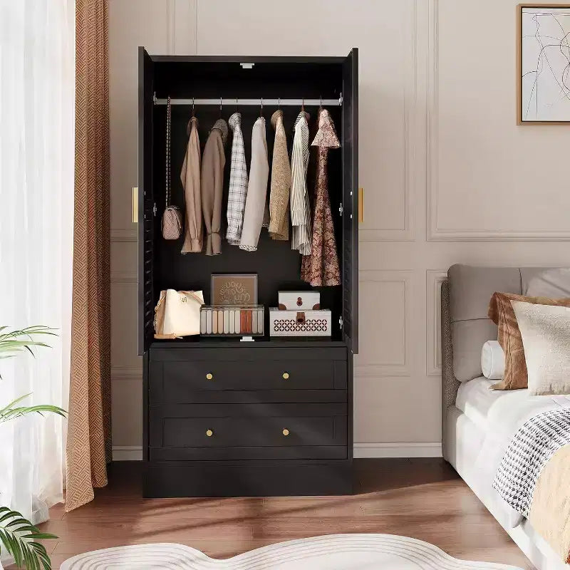 65 Wooden Armoire Wardrobe Closet with Hanging Rod, Modern Clothing Storage Cabinets with 2 Doors and 2 Drawers, for Bedroom, Cloak Room