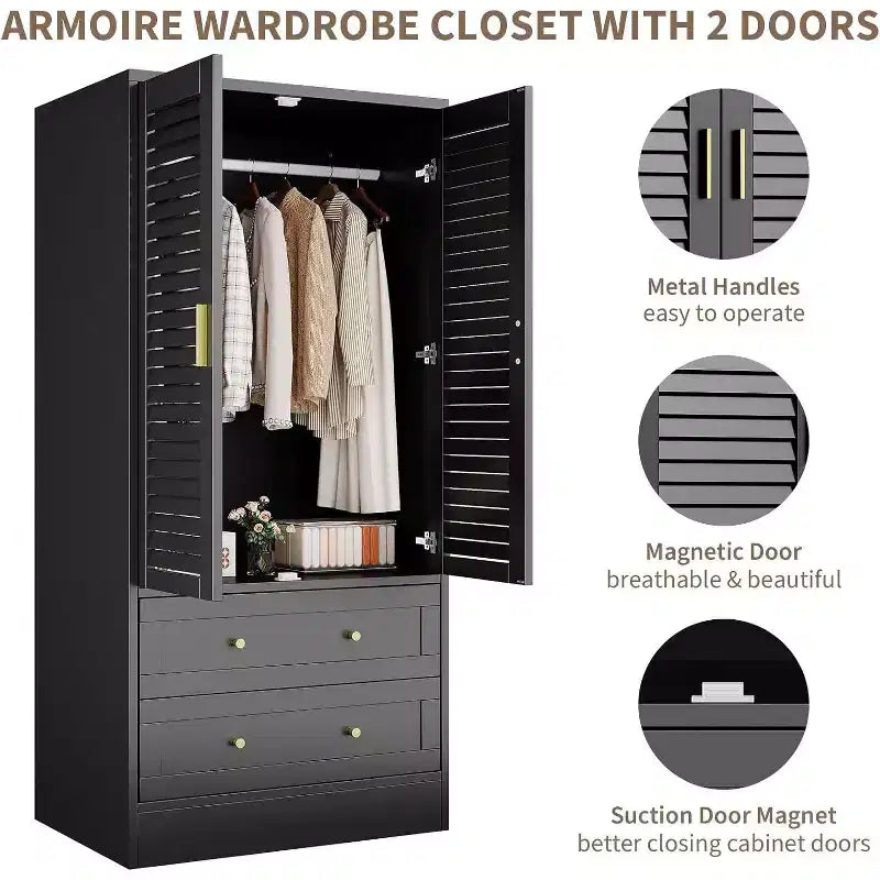 65 Wooden Armoire Wardrobe Closet with Hanging Rod, Modern Clothing Storage Cabinets with 2 Doors and 2 Drawers, for Bedroom, Cloak Room