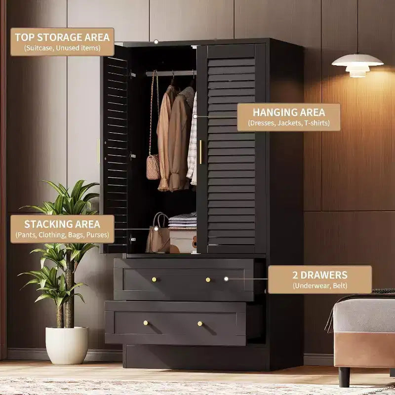 65 Wooden Armoire Wardrobe Closet with Hanging Rod, Modern Clothing Storage Cabinets with 2 Doors and 2 Drawers, for Bedroom, Cloak Room