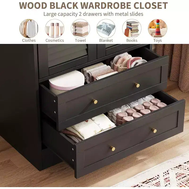 65 Wooden Armoire Wardrobe Closet with Hanging Rod, Modern Clothing Storage Cabinets with 2 Doors and 2 Drawers, for Bedroom, Cloak Room