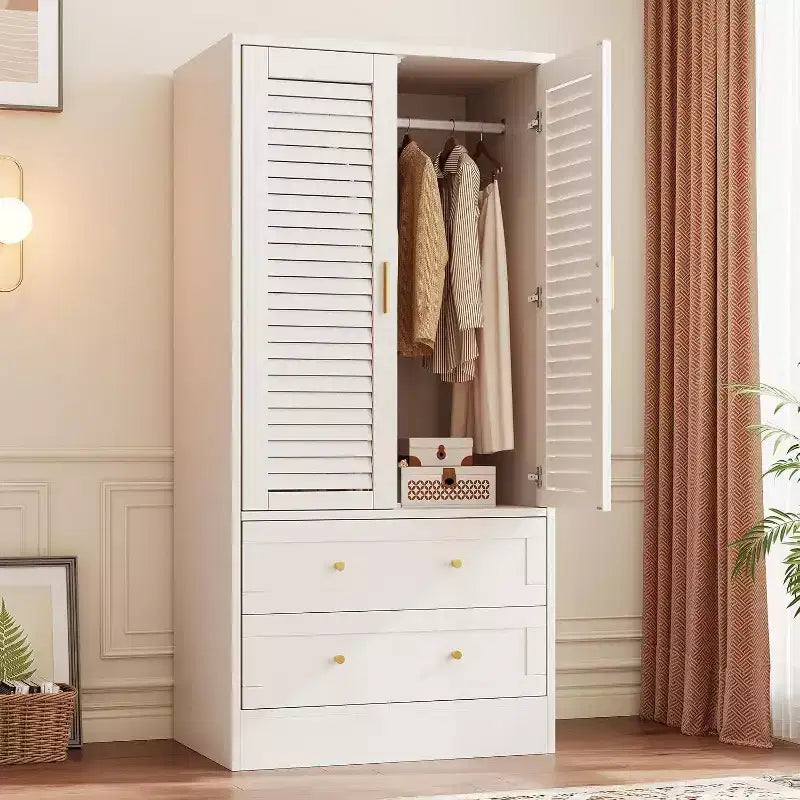 65 Wooden Armoire Wardrobe Closet with Hanging Rod, Modern Clothing Storage Cabinets with 2 Doors and 2 Drawers, for Bedroom, Cloak Room