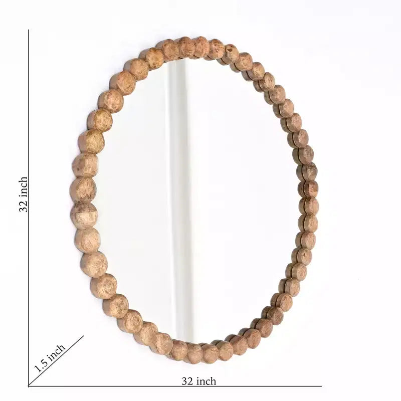 Modern Wood and Glass Decorative Round Hanging Wall Mirror With Wooden Bead Design