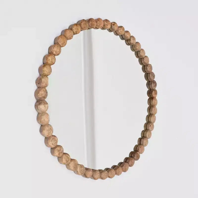 Modern Wood and Glass Decorative Round Hanging Wall Mirror With Wooden Bead Design