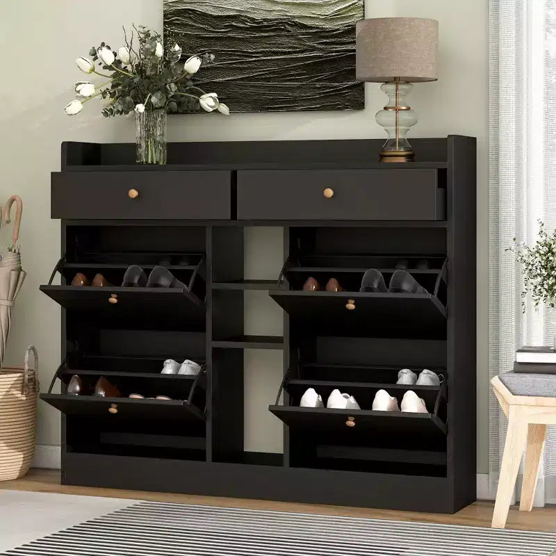 Modern Shoe Cabinet, Shoe Organizer with 4 Panel Flip Drawers and 2 Simple Drawers, Freestanding Shoe Rack for Entryway, Living Room