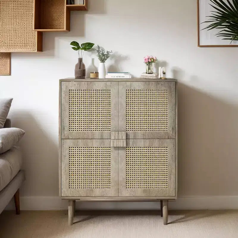 Rattan Mesh Sideboard Cabinet, Buffet Cabinet with 4 Doors and 8 Shelves, Storage Cabinet for Living Room, Dining Room, Kitchen