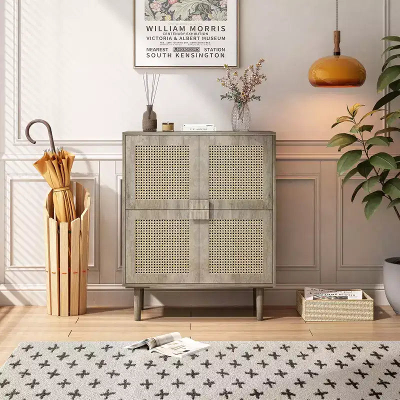 Rattan Mesh Sideboard Cabinet, Buffet Cabinet with 4 Doors and 8 Shelves, Storage Cabinet for Living Room, Dining Room, Kitchen