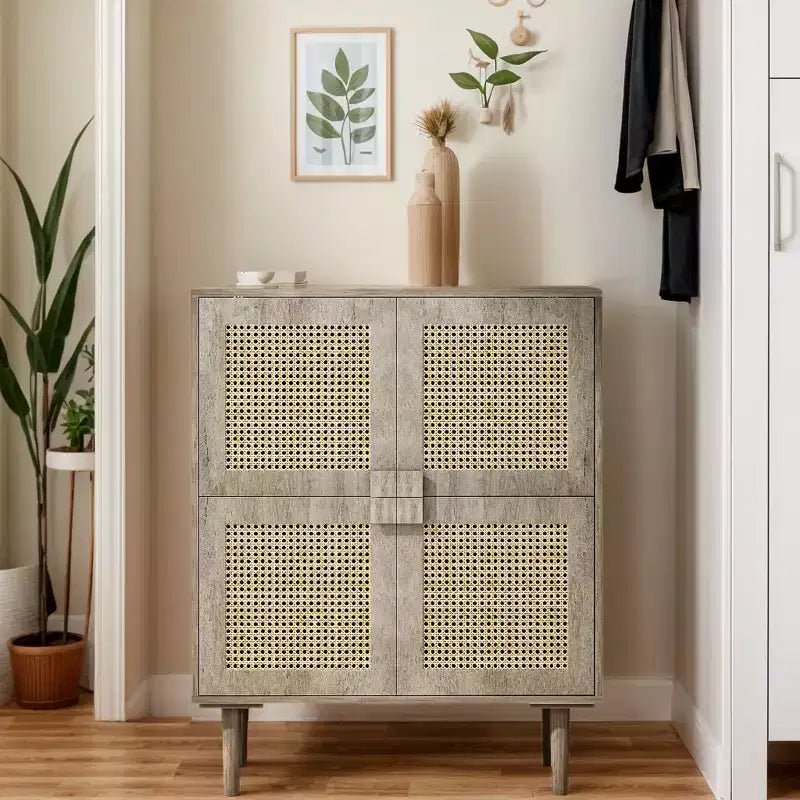 Rattan Mesh Sideboard Cabinet, Buffet Cabinet with 4 Doors and 8 Shelves, Storage Cabinet for Living Room, Dining Room, Kitchen