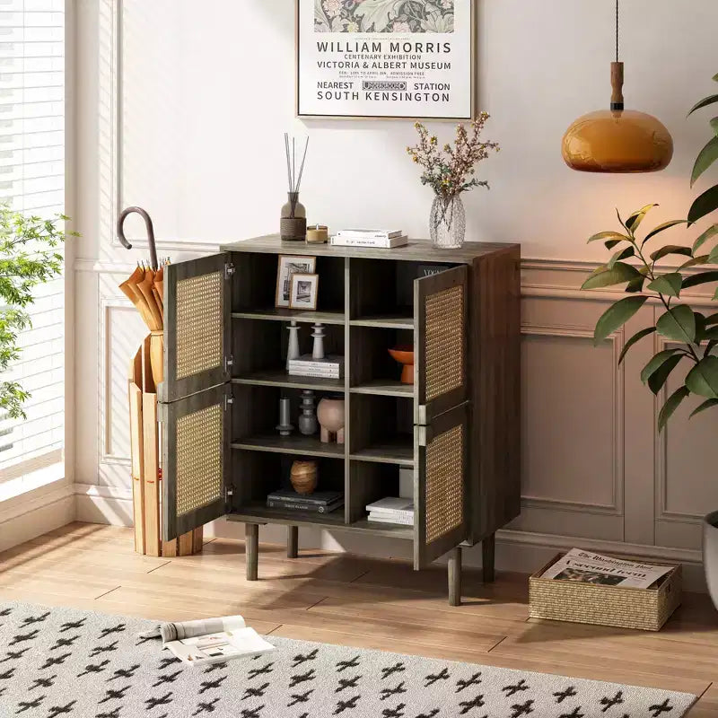 Rattan Mesh Sideboard Cabinet, Buffet Cabinet with 4 Doors and 8 Shelves, Storage Cabinet for Living Room, Dining Room, Kitchen