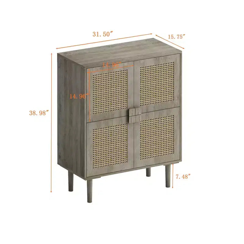 Rattan Mesh Sideboard Cabinet, Buffet Cabinet with 4 Doors and 8 Shelves, Storage Cabinet for Living Room, Dining Room, Kitchen