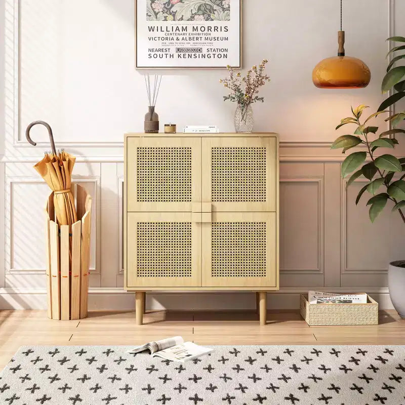 Rattan Mesh Sideboard Cabinet, Buffet Cabinet with 4 Doors and 8 Shelves, Storage Cabinet for Living Room, Dining Room, Kitchen