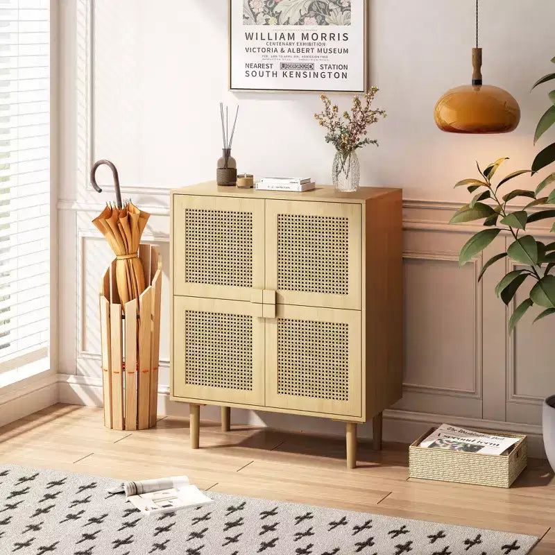 Rattan Mesh Sideboard Cabinet, Buffet Cabinet with 4 Doors and 8 Shelves, Storage Cabinet for Living Room, Dining Room, Kitchen