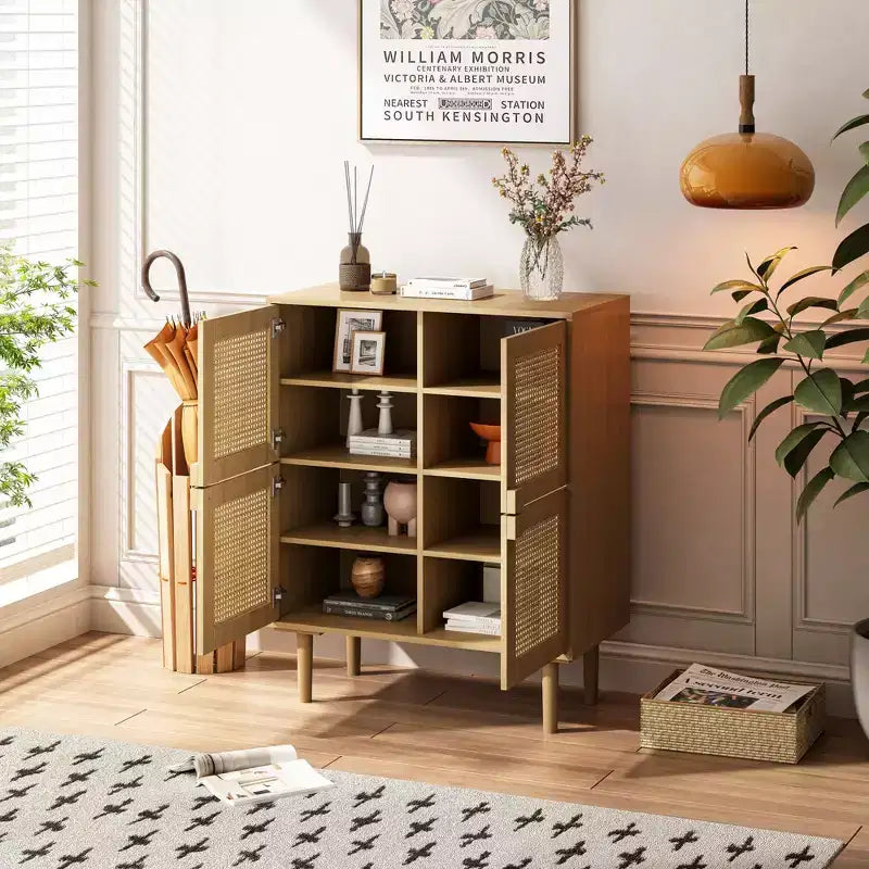 Rattan Mesh Sideboard Cabinet, Buffet Cabinet with 4 Doors and 8 Shelves, Storage Cabinet for Living Room, Dining Room, Kitchen
