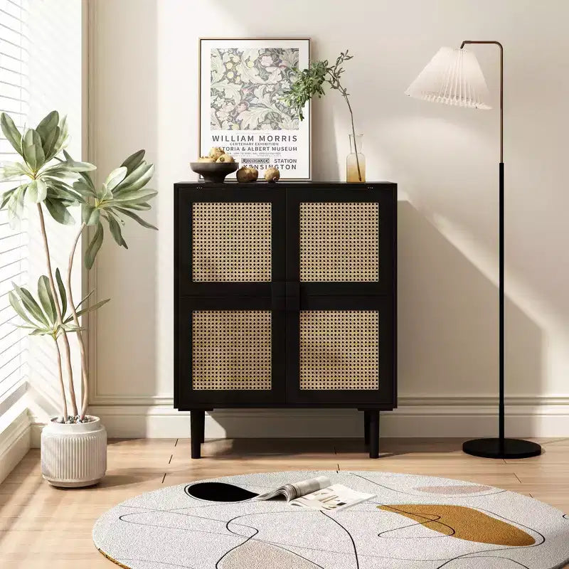 Rattan Mesh Sideboard Cabinet, Buffet Cabinet with 4 Doors and 8 Shelves, Storage Cabinet for Living Room, Dining Room, Kitchen