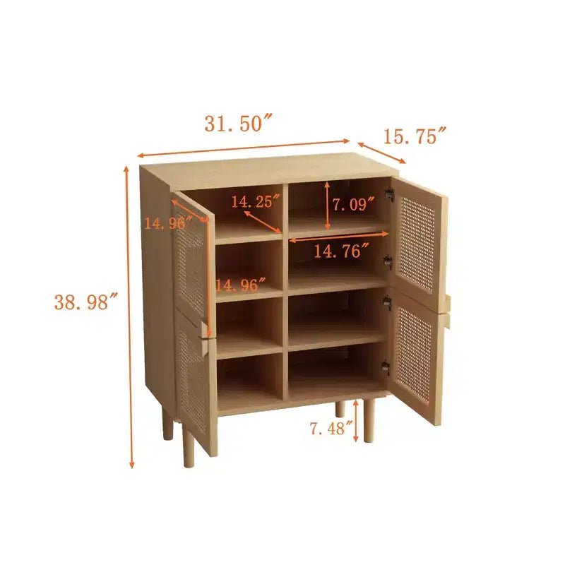 Rattan Mesh Sideboard Cabinet, Buffet Cabinet with 4 Doors and 8 Shelves, Storage Cabinet for Living Room, Dining Room, Kitchen