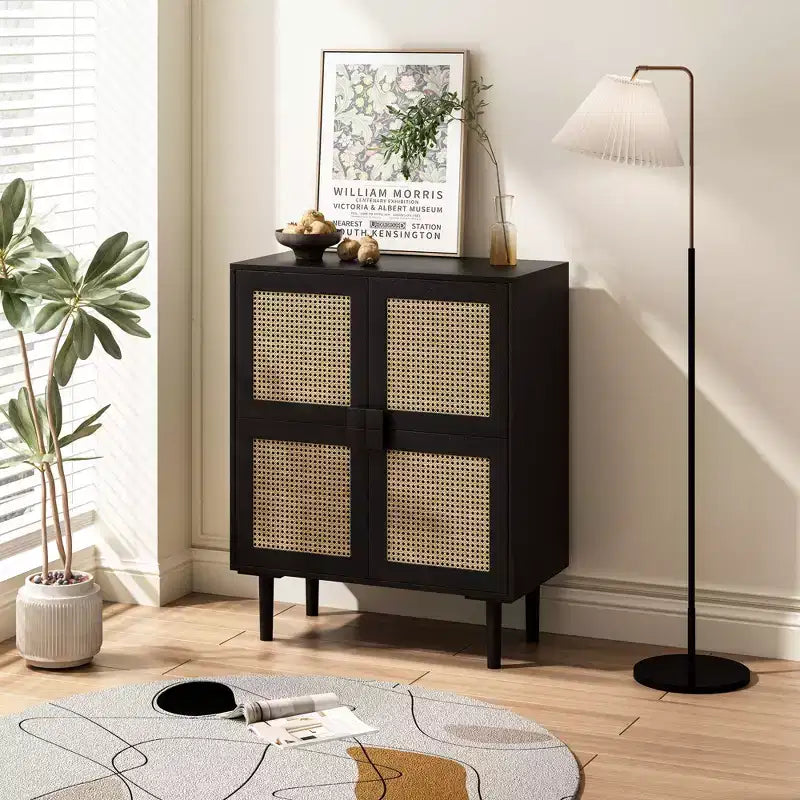 Rattan Mesh Sideboard Cabinet, Buffet Cabinet with 4 Doors and 8 Shelves, Storage Cabinet for Living Room, Dining Room, Kitchen