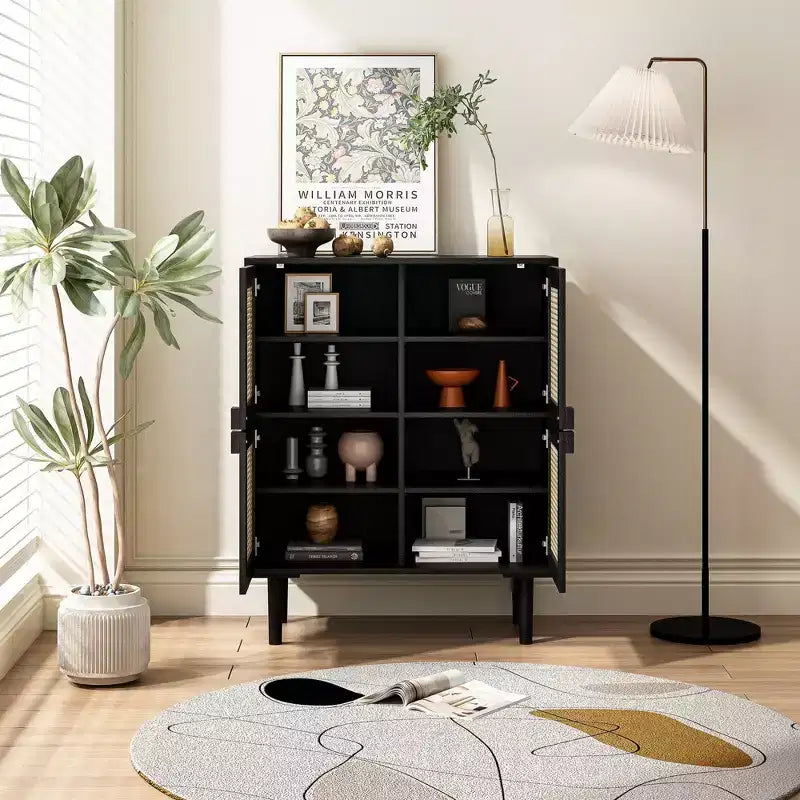 Rattan Mesh Sideboard Cabinet, Buffet Cabinet with 4 Doors and 8 Shelves, Storage Cabinet for Living Room, Dining Room, Kitchen