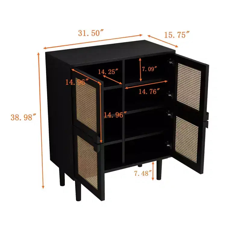 Rattan Mesh Sideboard Cabinet, Buffet Cabinet with 4 Doors and 8 Shelves, Storage Cabinet for Living Room, Dining Room, Kitchen