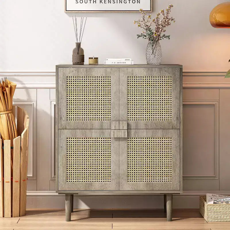 Rattan Mesh Sideboard Cabinet, Buffet Cabinet with 4 Doors and 8 Shelves, Storage Cabinet for Living Room, Dining Room, Kitchen