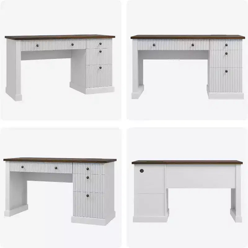 60" Modern Office Executive Desk with Fluted Wood Top, File Cabinet & Drawers, Spacious Storage Writing Desk for Home Office, Study & Bedroom