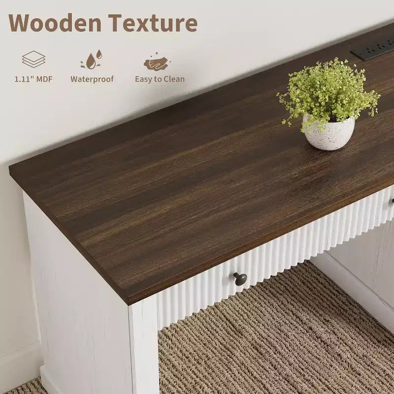 60" Modern Office Executive Desk with Fluted Wood Top, File Cabinet & Drawers, Spacious Storage Writing Desk for Home Office, Study & Bedroom