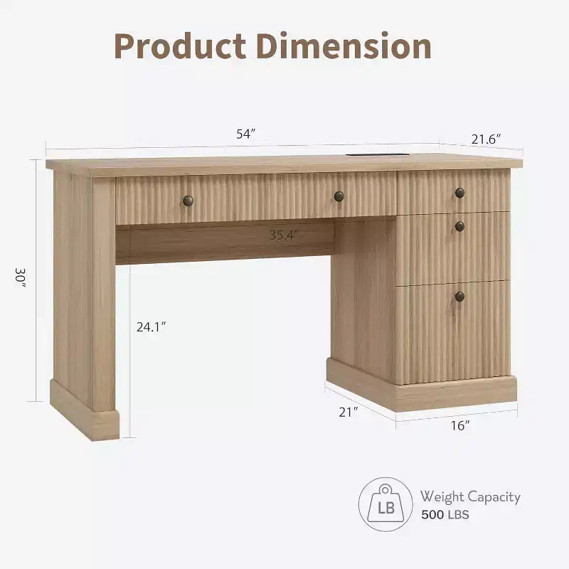 60" Modern Office Executive Desk with Fluted Wood Top, File Cabinet & Drawers, Spacious Storage Writing Desk for Home Office, Study & Bedroom