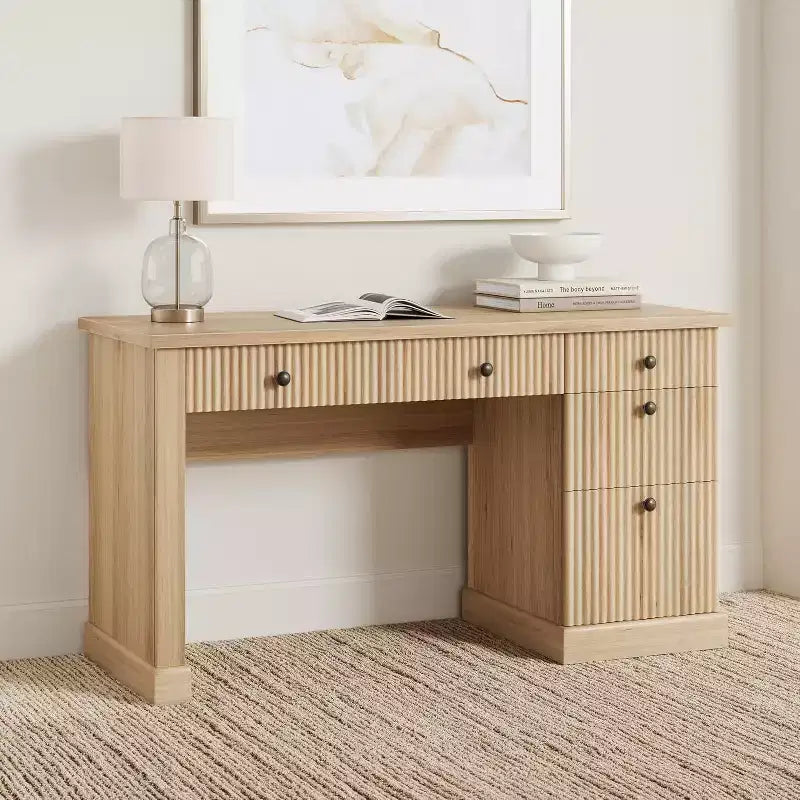 60" Modern Office Executive Desk with Fluted Wood Top, File Cabinet & Drawers, Spacious Storage Writing Desk for Home Office, Study & Bedroom