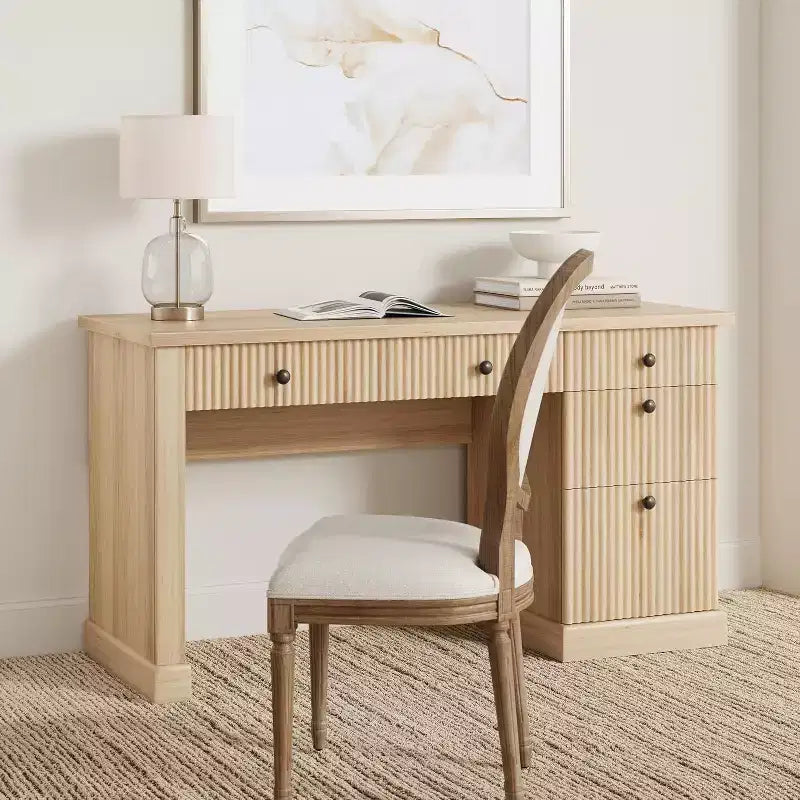 60" Modern Office Executive Desk with Fluted Wood Top, File Cabinet & Drawers, Spacious Storage Writing Desk for Home Office, Study & Bedroom